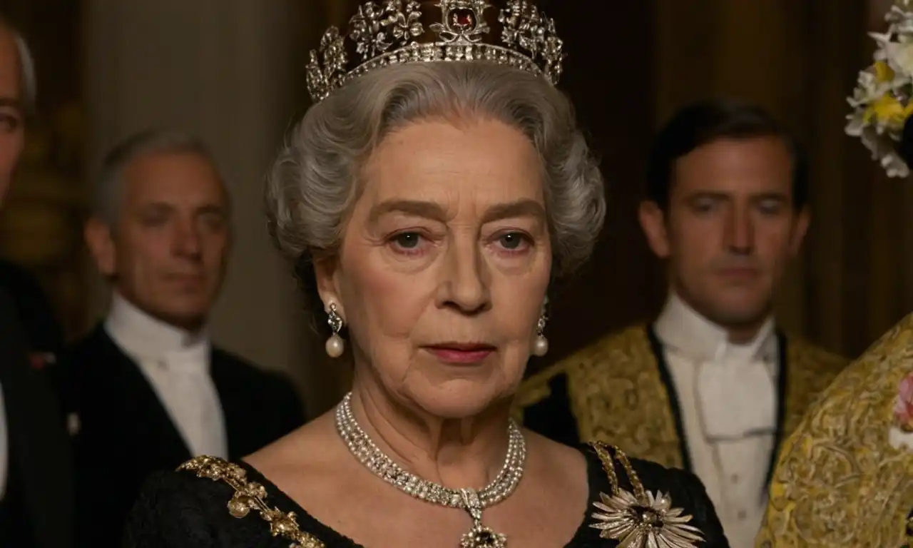 La Reina Isabel II, vestida de negro, rodeada de flores y banderas británicas