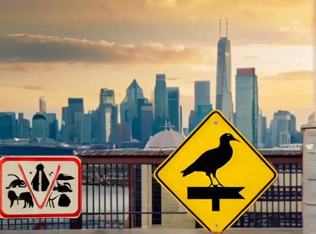 Animal species on a forbidden sign against a cityscape background