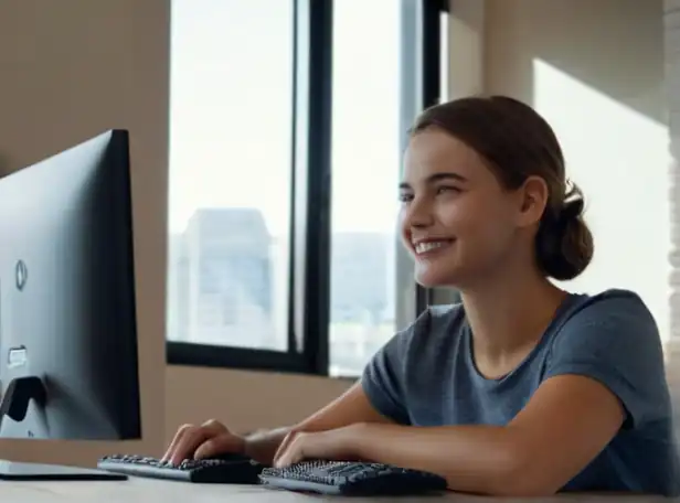 A young adult sitting at a computer with a smile