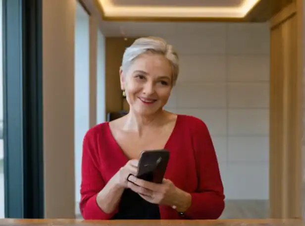 Senior holding a phone with a relaxed smile in a modern room