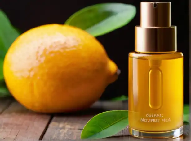 Glowing skin with vitamin C serum and green leaves