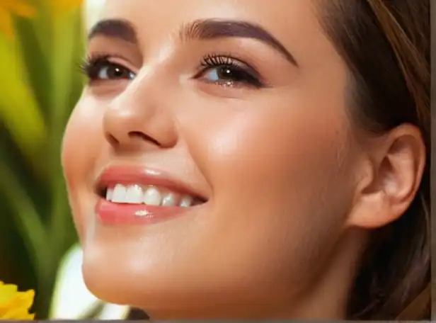 Youthful glowing skin with serum drops and a radiant smile