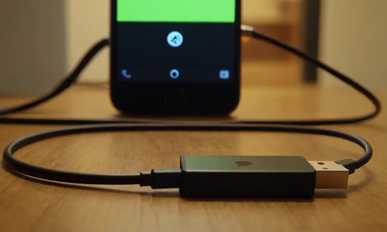 Un iPhone conectado a un cable USB con un dispositivo Android en segundo plano