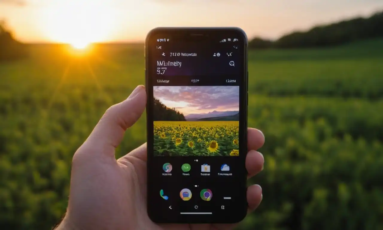 Smartphone en mano con pantalla iluminada mostrando fotos