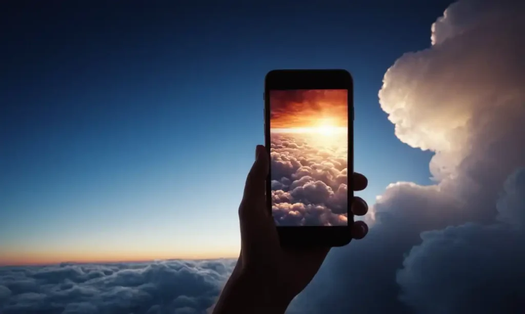 Smartphone conectada a una computadora portátil y una nube en el fondo