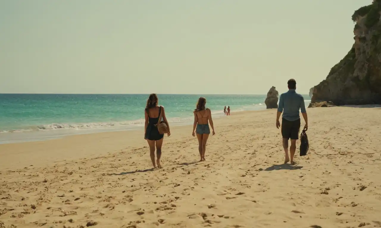 Turistas felices caminando en una playa soleada