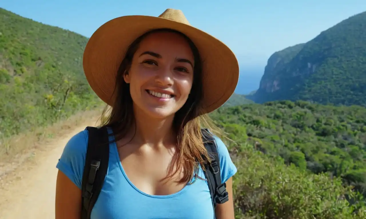 Un turista sonriente en un paisaje exótico, con fondo azul y una sombrilla