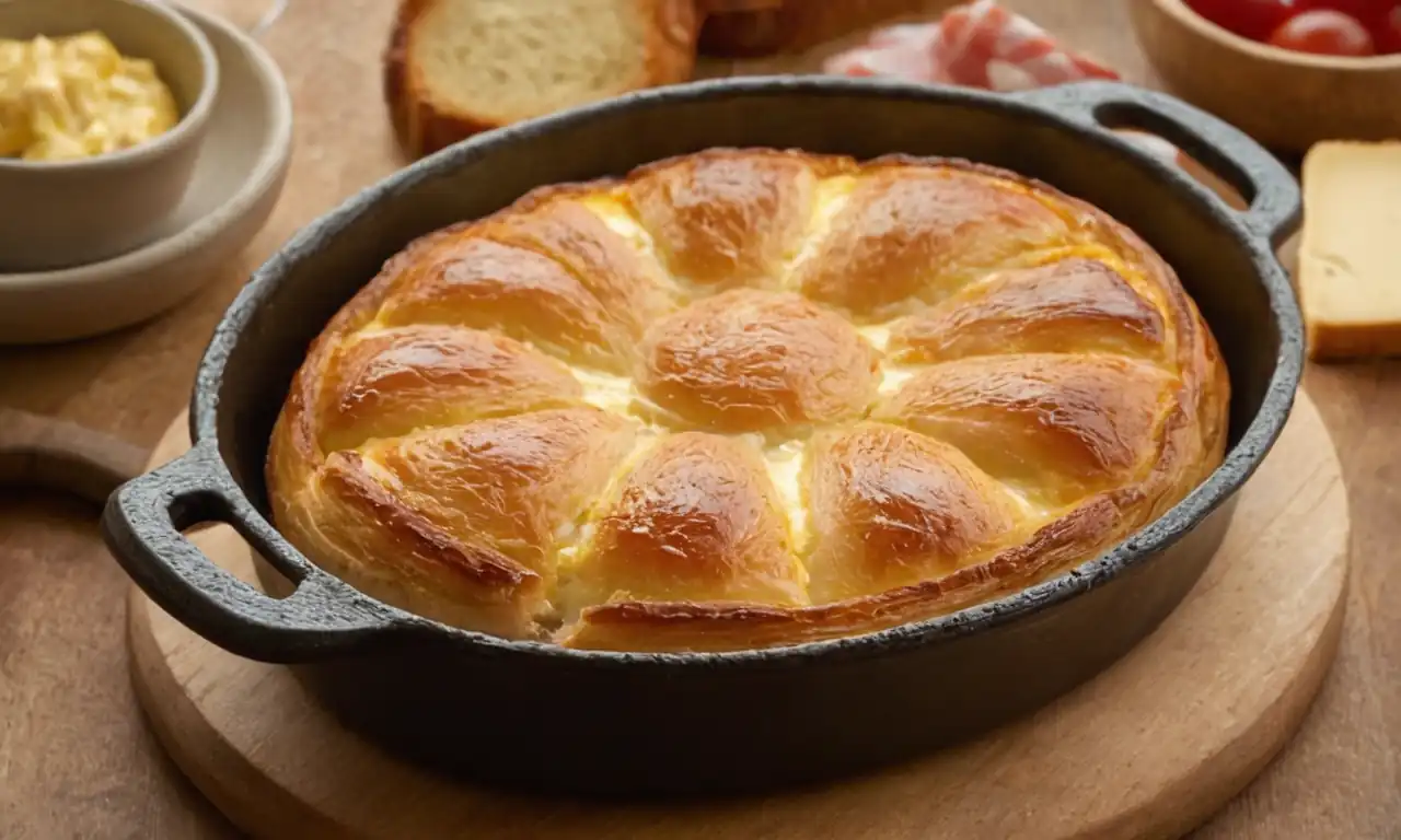 Golden-brown pastry, juicy ham slices, melted cheese, baked in a rustic dish