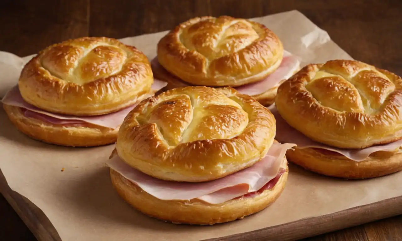 Golden brown pastries, crispy pastry crust, melted cheese, ham slices