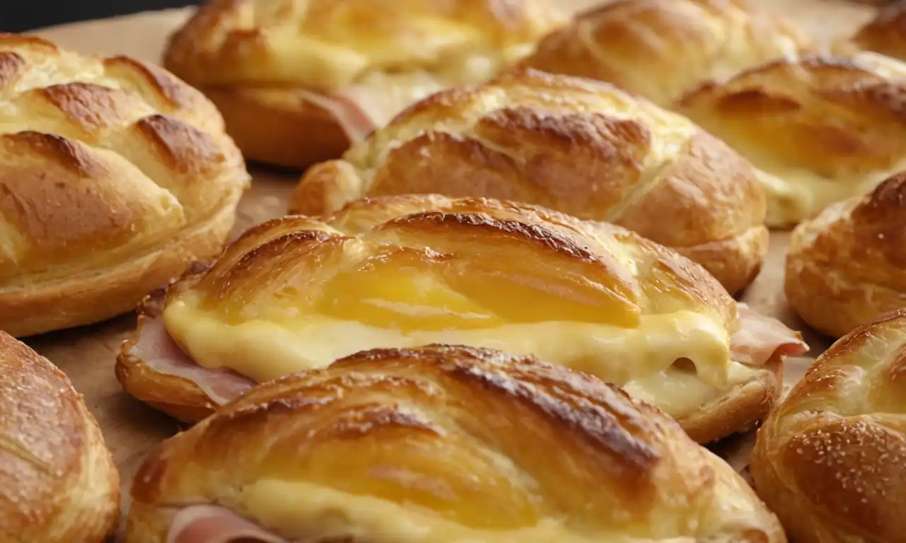 Golden brown pastries, crispy edges, melted cheese, savory ham slices