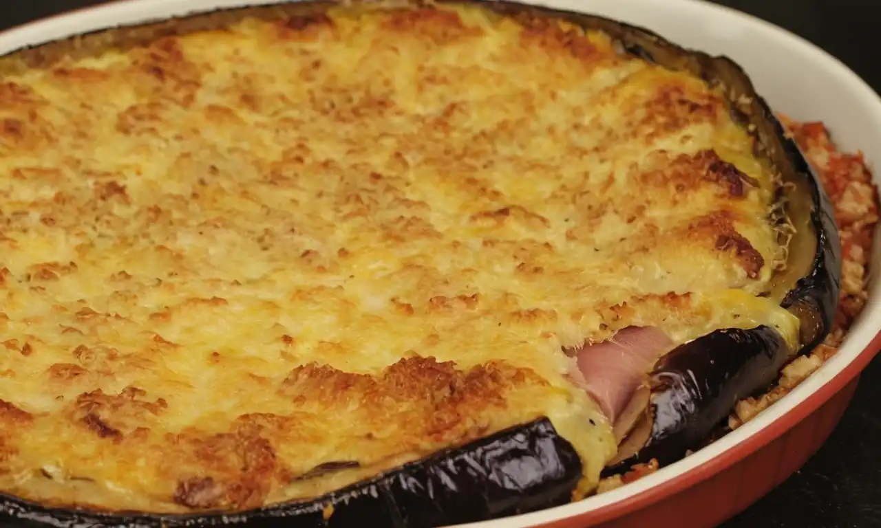 Baked eggplant, golden crust, sliced ham, melted cheese