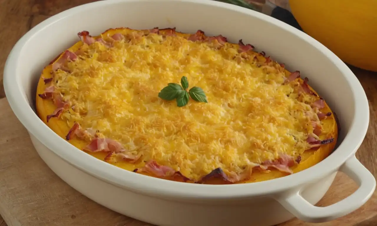 Oven-baked squash with crispy ham, melted cheese and golden crust