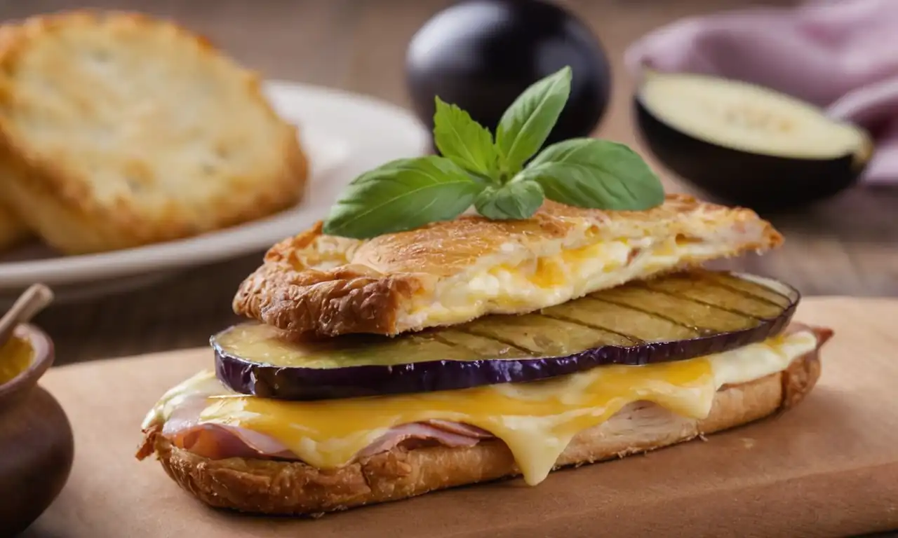 Golden-brown pastry, crispy ham, melted cheese, and ripe eggplant slices