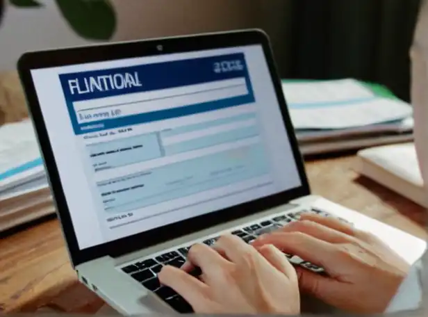 Hands holding a laptop with a rental form on screen surrounded by paper clutter