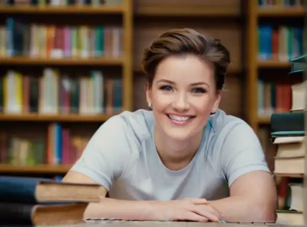 A person smiling sitting in front of a computer surrounded by books