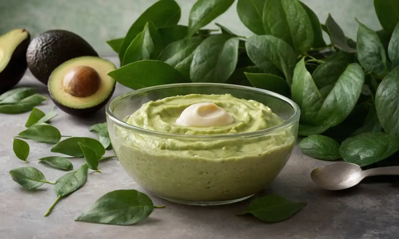 Avocado pulp bowl, spoon, glass jar, green leaves