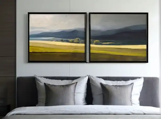 Luxurious grey and two-tone paintings in a serene bedroom