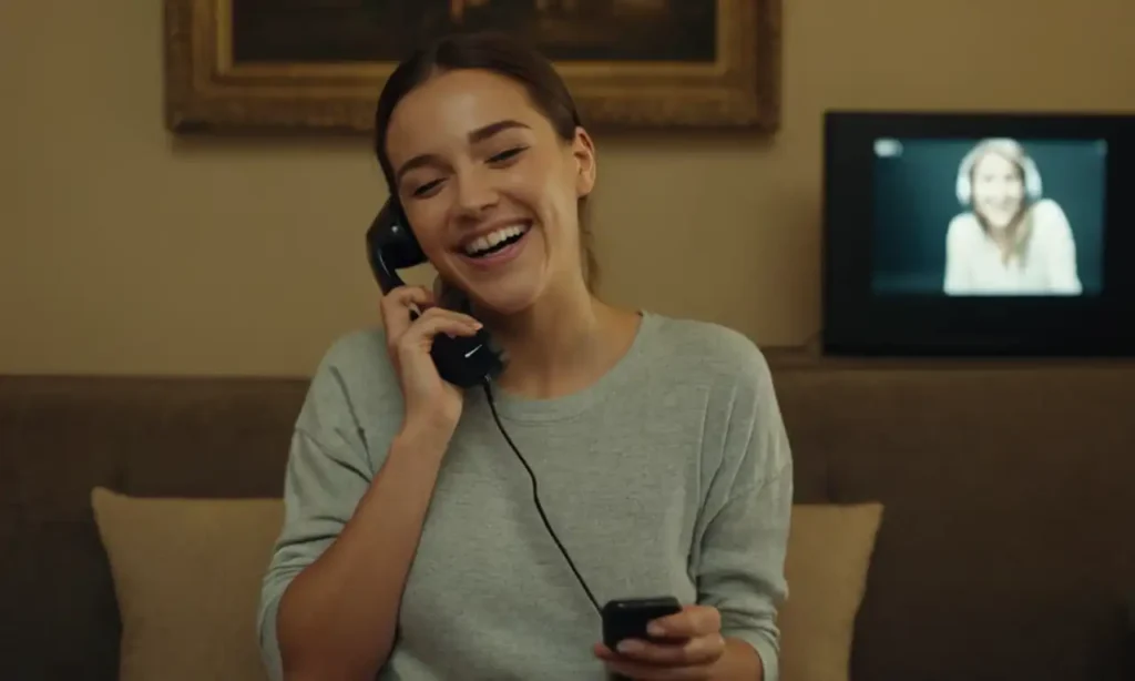 Una mujer sonriendo con un teléfono inteligente mostrando una pantalla con música sonando