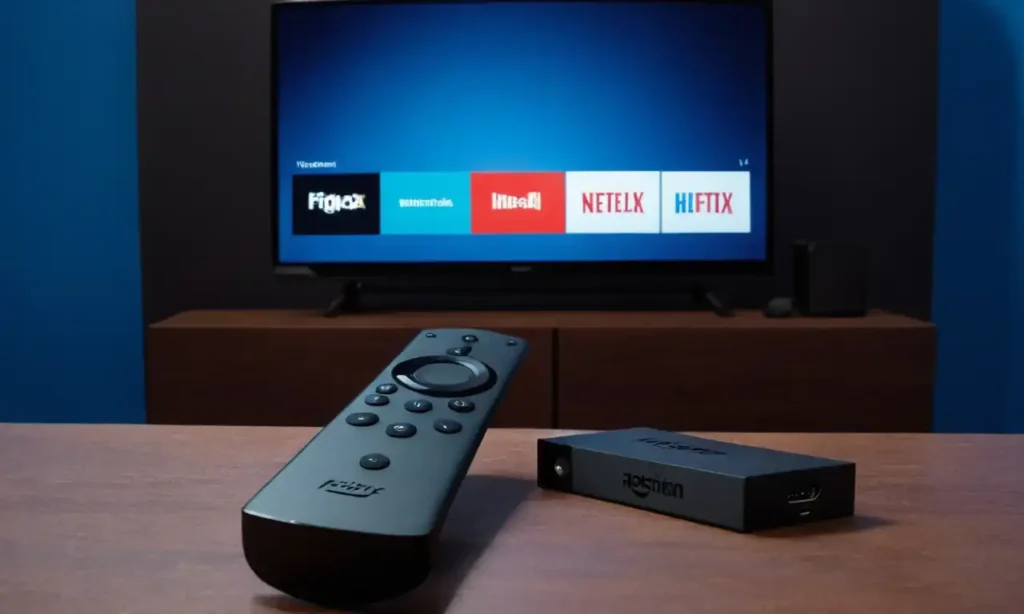 Dispositivo Fire Stick conectado a una TV con fondo azul