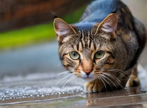 Curious cat avoids water droplets on a sleek surface