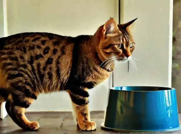 Curious cat near empty water bowl with puzzled expression