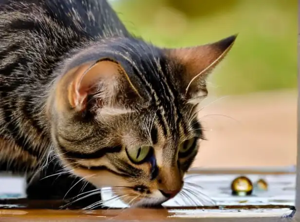 Curious cat playing with water droplets on a surface