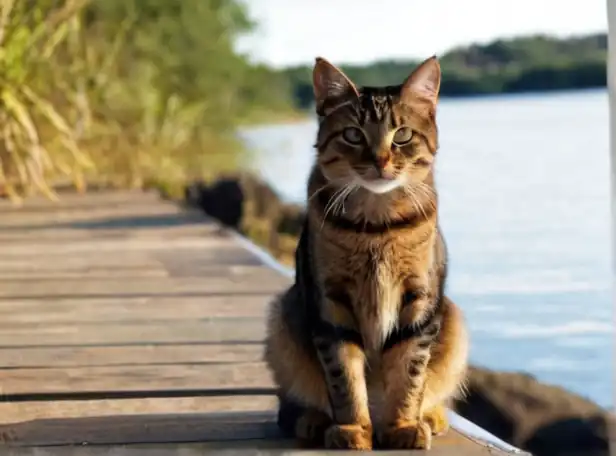 Curious cat sitting near calm water with puzzled expression