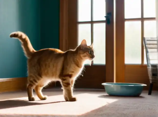 Curious cat avoiding water bowl in a sunny room