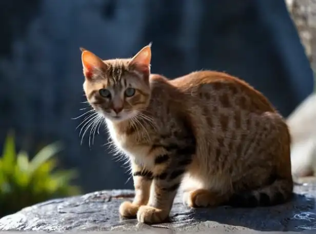 Curious cat near water droplets on a rock