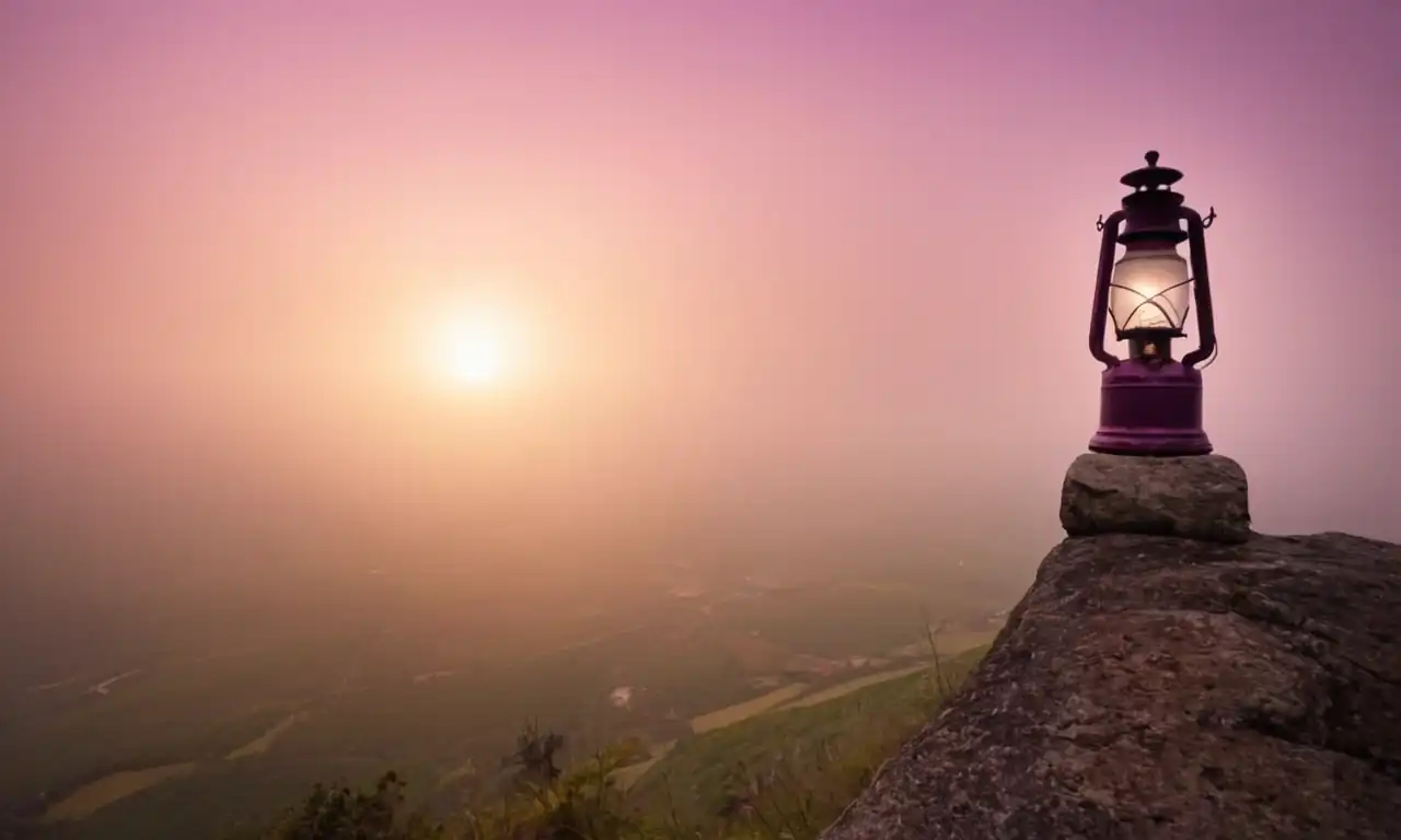 Tumba cubierta de niebla con una lámpara morada