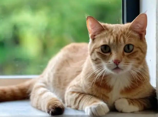 Curious cat with mouth open, sitting on a windowsill