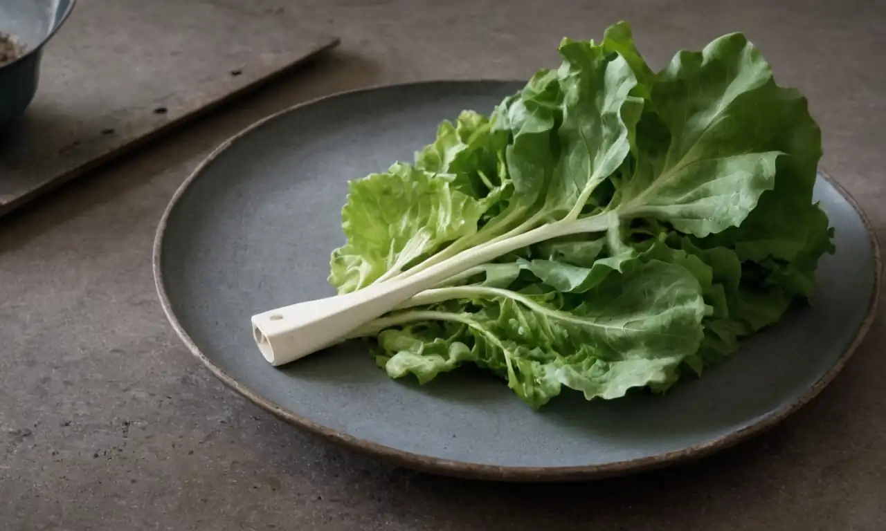 Dull gray plate, wilted lettuce leaf, forgotten utensils