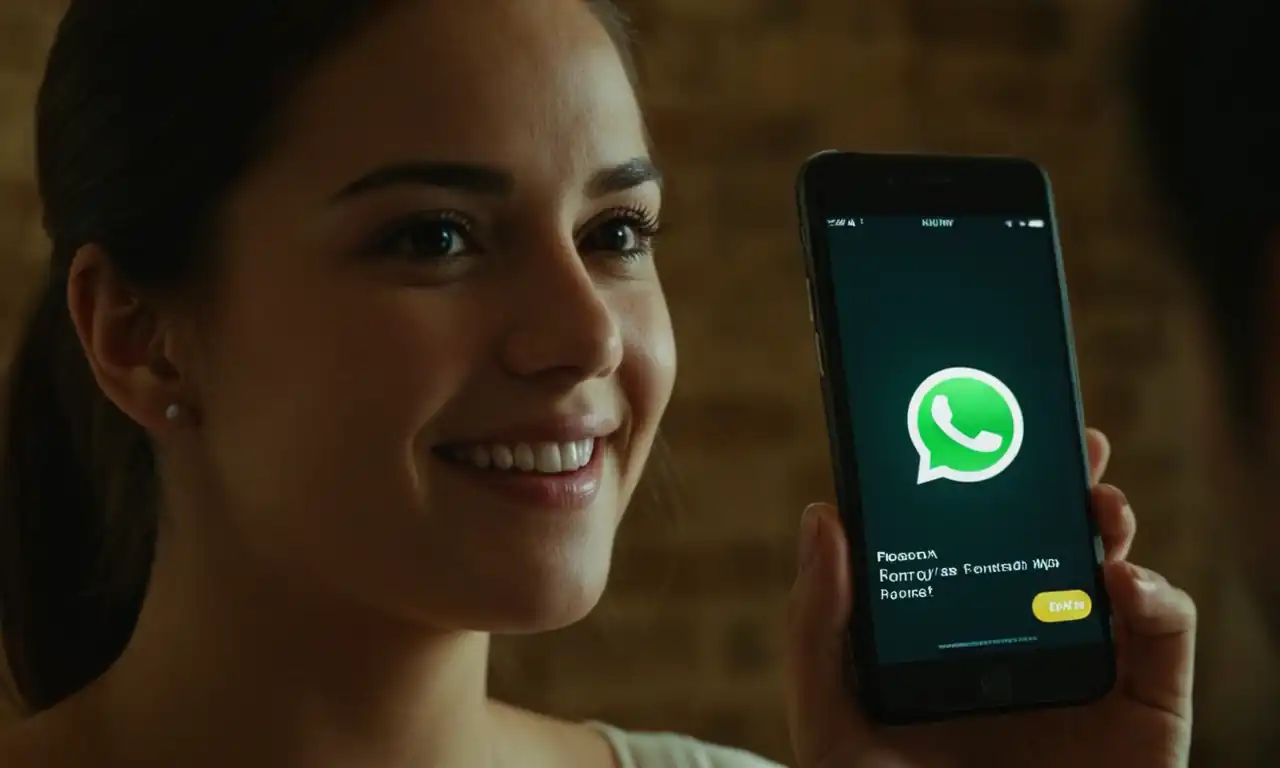 Persona sonriente mirando a una pantalla con WhatsApp, con fondo de fondo en penumbra