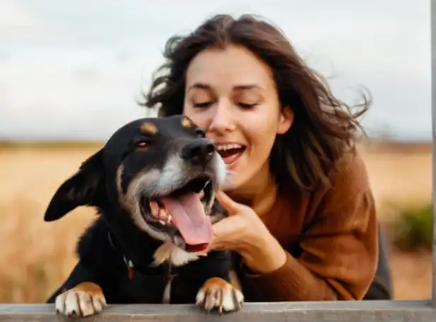 A person with their hands and face licked by a happy curious dog