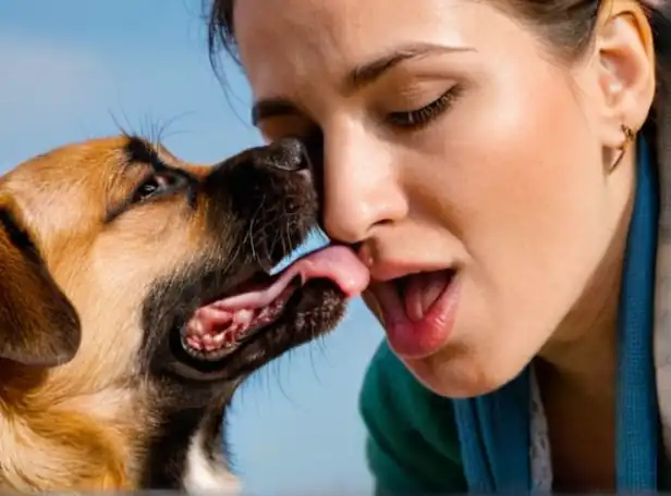 Curious dog licking owner's face and hands with gentle affection