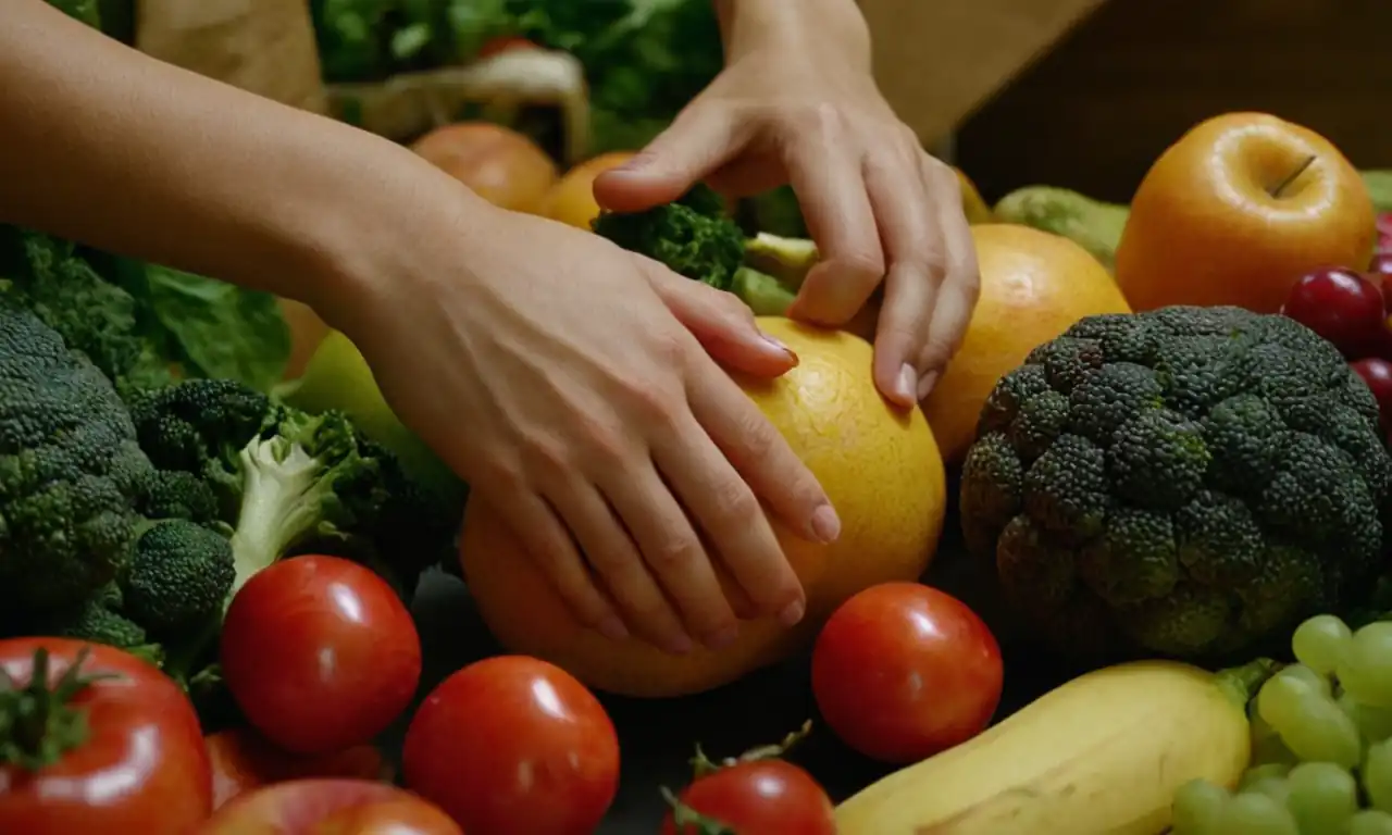 Una embarazada relajada con una mano en el estómago, rodeada de frutas y verduras