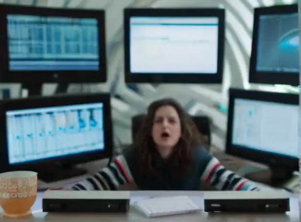 A frustrated user surrounded by blurred computer screens and search histories
