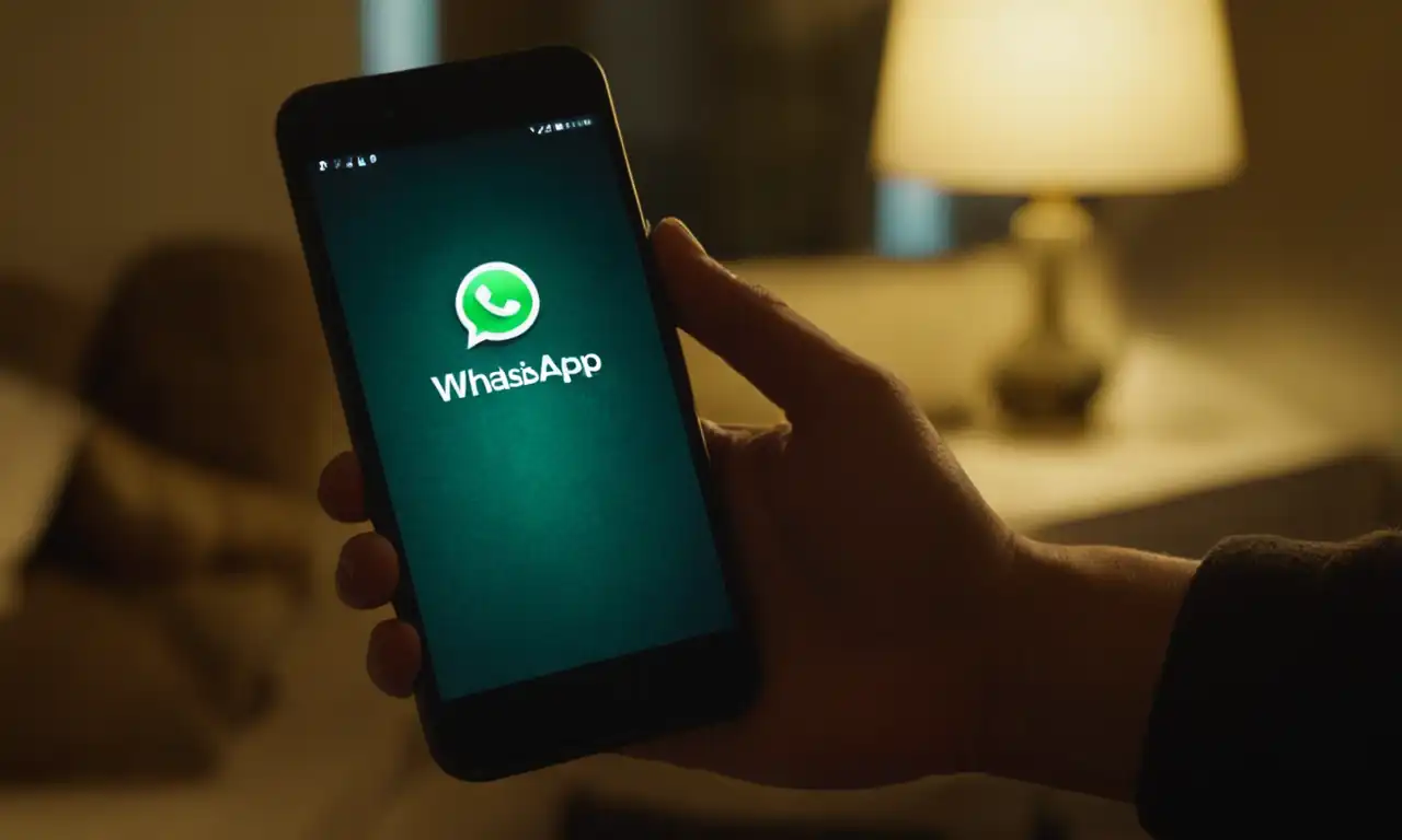 Smartphone y conversaciones en WhatsApp, iluminados por una luz débil
