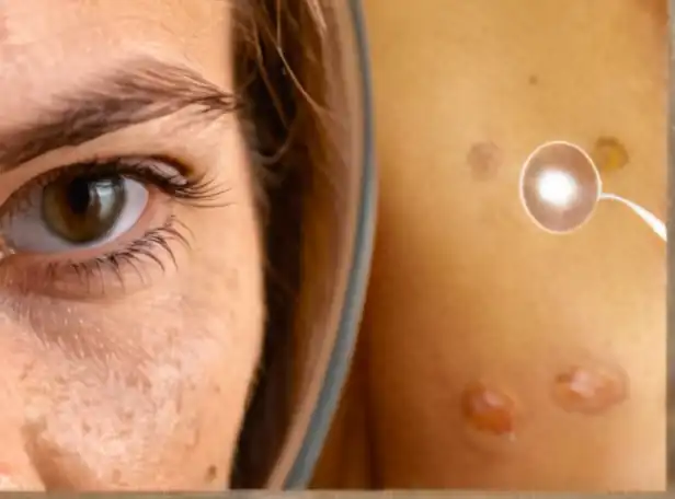 Close-up of fleas biting human skin with magnifying glass