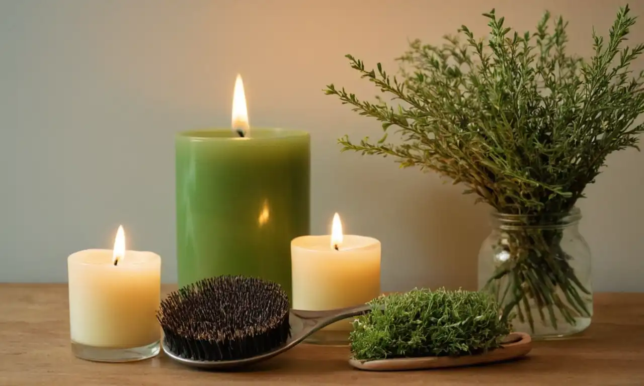 Green sprigs, hairbrushes, herbal tea, candles, and a calm background