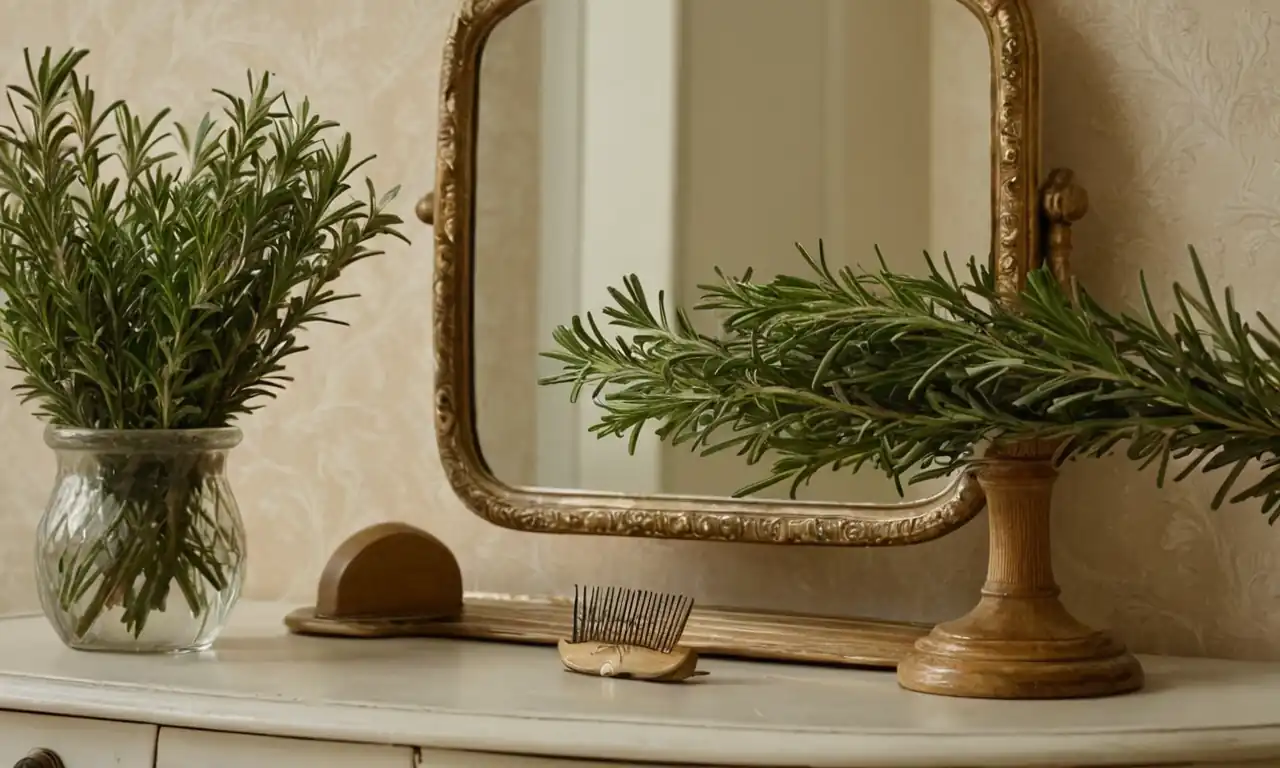 Fresh rosemary sprigs, hair comb, vintage mirror, elegant dressing table