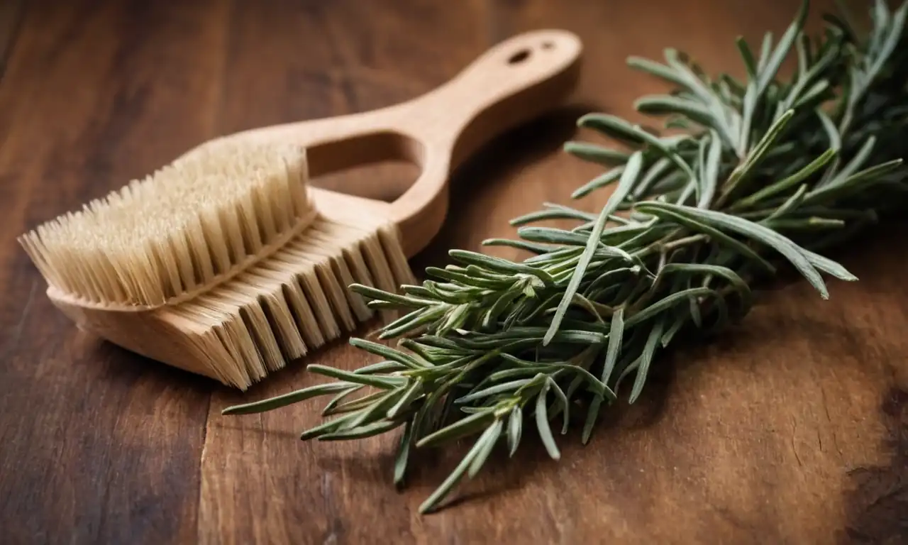 Dried rosemary sprigs, hair brush, hair tie, dark wooden background