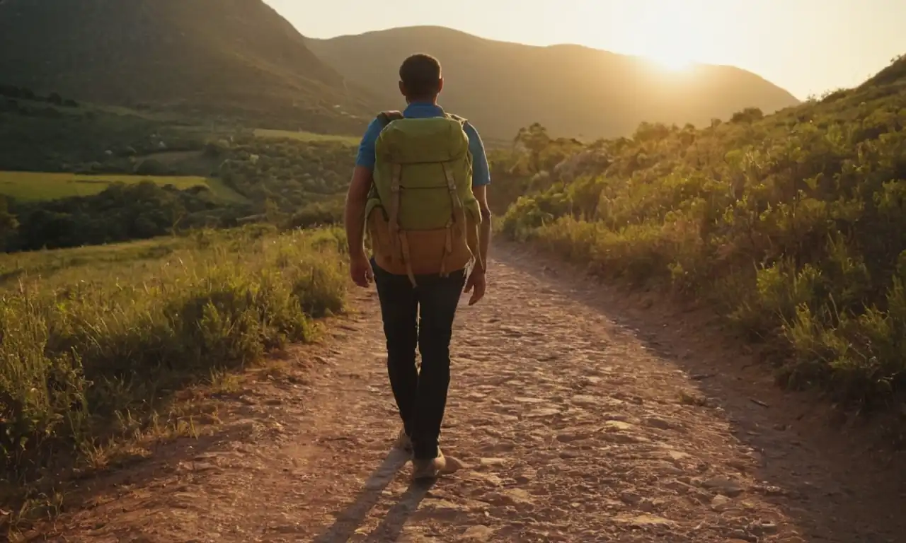 Caminante solitario bajo la luz crepuscular, con mochila y mapa en mano