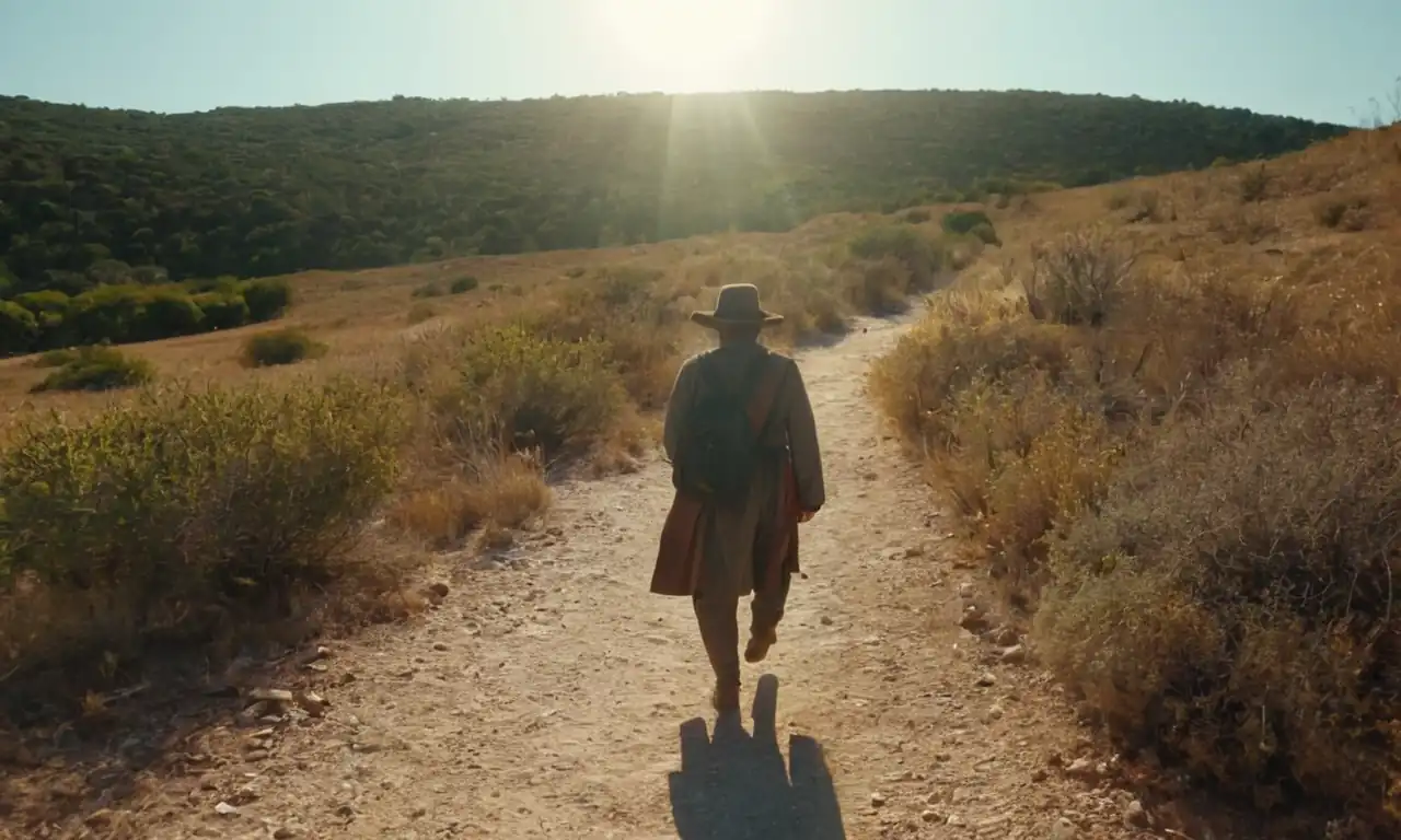 Pilgrimos caminando bajo la luz del sol en una senda empedrada