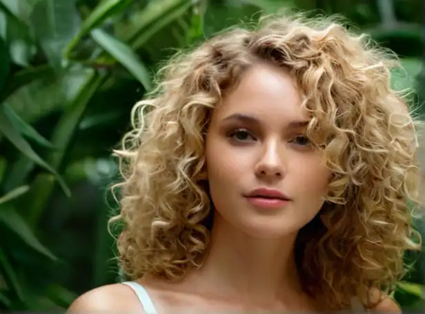 Woman embracing her curly hair surrounded by lush greenery