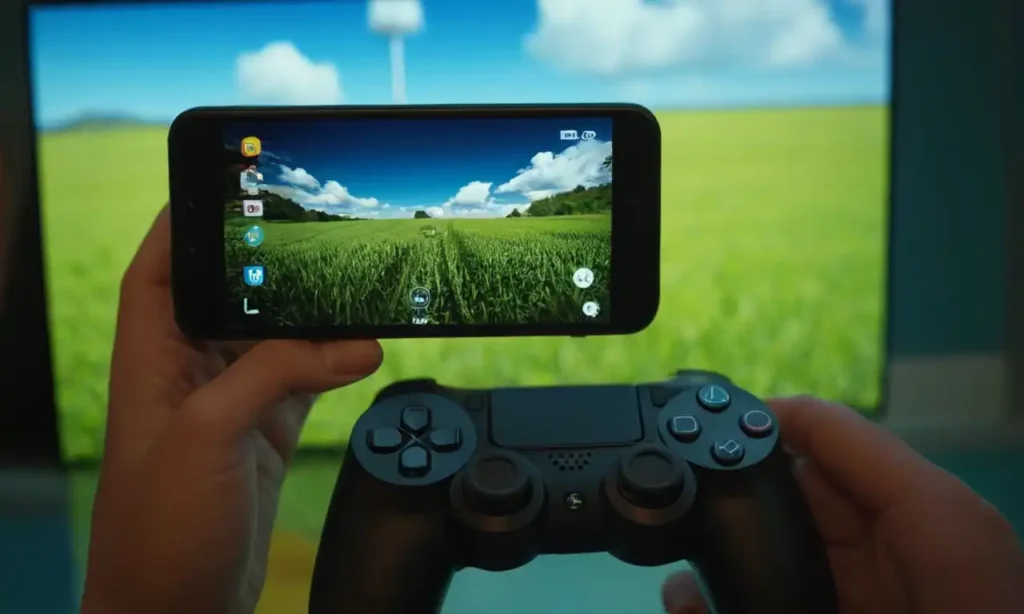 Smartphones y iconos de juego en pantalla con fondo de código