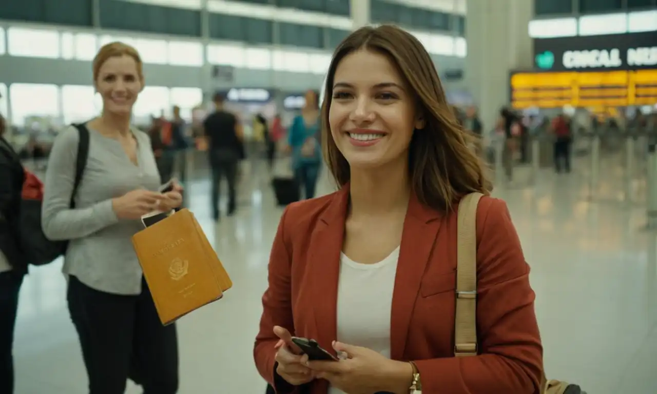 Persona sonriente con pasaporte y maleta en un aeropuerto internacional