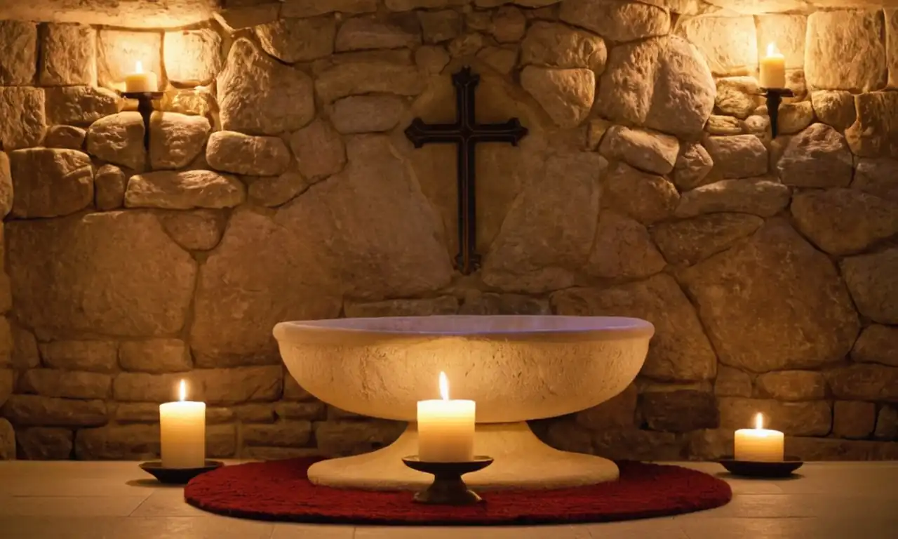 Infant baptismal font, candles, soft prayer rug, gentle stone wall