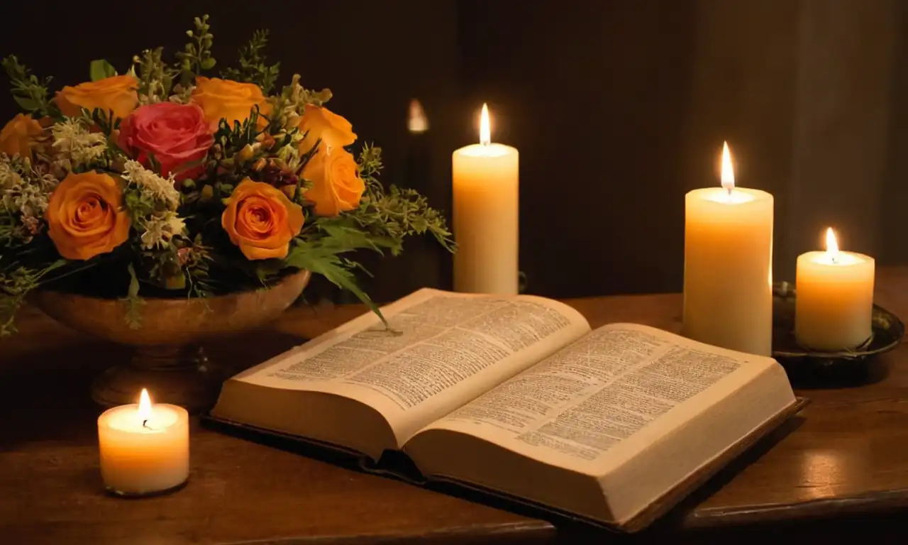 Bible, candles, baptismal font, floral arrangement