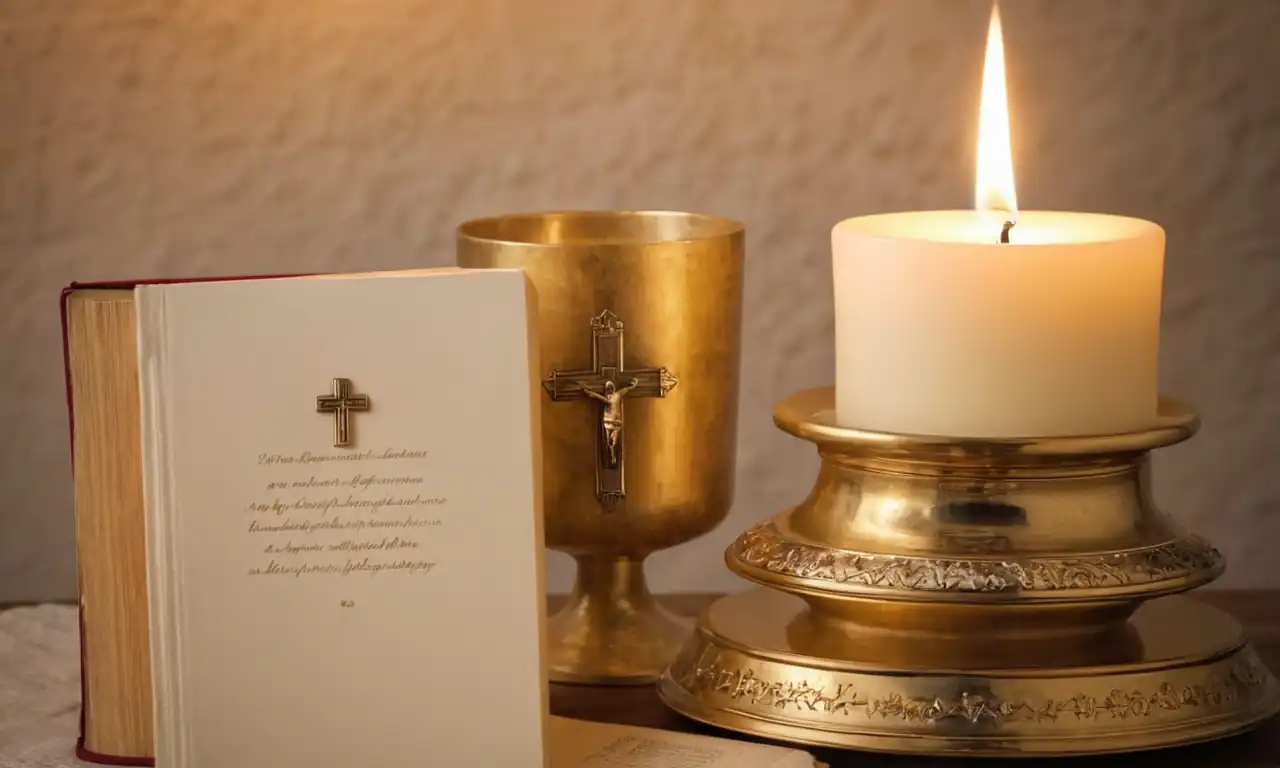 White baptismal font, golden cross, soft candlelight, scripture book